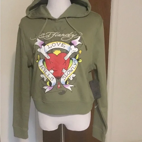 🌹2X HOST PICK🌹 ED HARDY “LOVE KILLS SLOWLY” GREEN PULL OVER HOODIE/NWT/SZ L - Picture 1 of 15